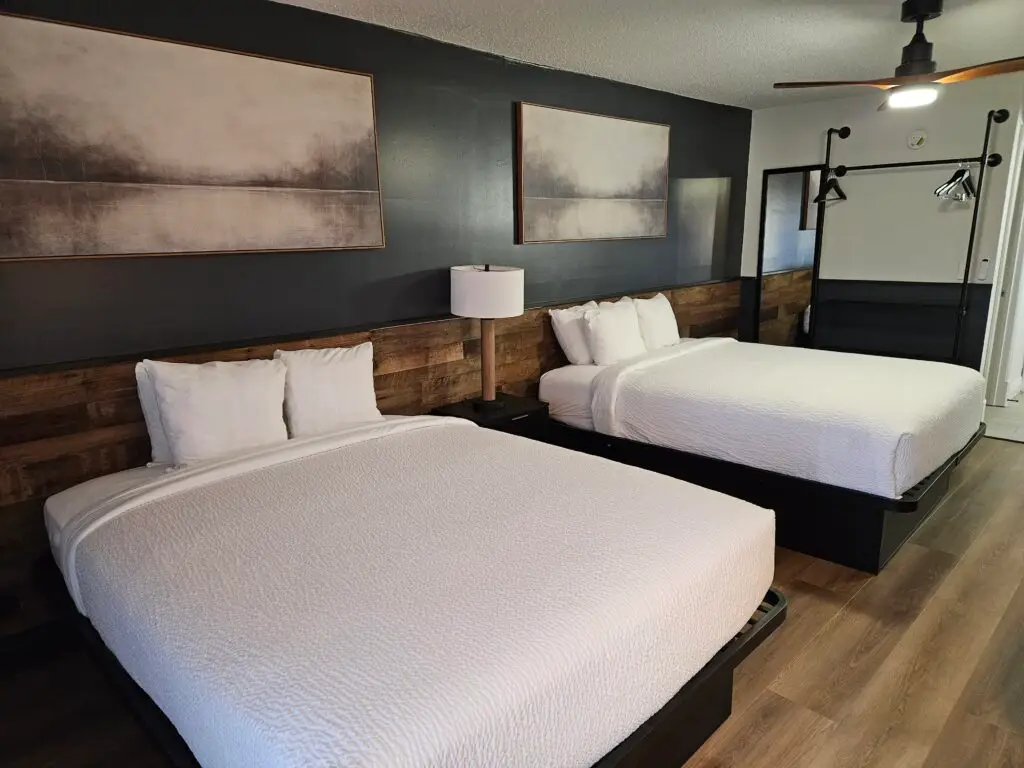 Reclaimed barn wood accent wall in Tremont Lodge room, Townsend TN