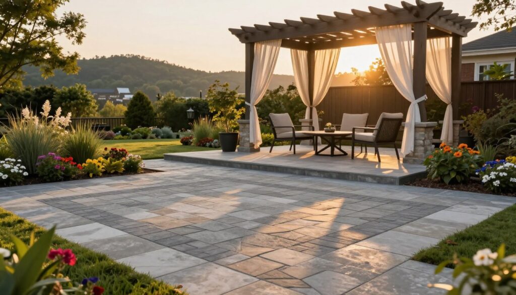 A beautiful backyard patio design in Knoxville, featuring a blend of elegant paver stones and classic concrete textures. In the foreground, showcase the layered pavers in various shades of gray and warm earth tones, arranged in a geometric pattern. Include a well-manicured garden with colorful flowers and lush greenery surrounding the patio. In the middle ground, place stylish outdoor furniture—modern chairs and a table set for two—invitingly positioned under a charming pergola draped with soft, sheer fabric. In the background, depict a glimpse of Knoxville's rolling hills bathed in the golden light of sunset, casting warm shadows. Capture a serene, inviting atmosphere that encourages relaxation and outdoor living, using a warm color palette and soft focus for a dreamy effect.
