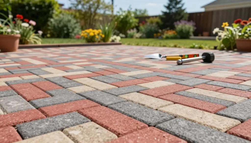 A beautifully arranged patio made of interlocking pavers, showcasing various patterns and designs. In the foreground, there are colorful pavers in shades of red, gray, and beige, laid out in an intricate herringbone pattern. In the middle ground, a partially completed patio area shows tools like a trowel, level, and rubber mallet neatly placed on the ground, emphasizing the DIY aspect. The background features a lush green garden, with blooming flowers and a clear blue sky, creating a serene atmosphere. Soft, natural lighting casts gentle shadows, highlighting the textures of the pavers, while a slight lens blur on the background adds depth. The overall mood feels inviting and productive, ideal for a patio project.