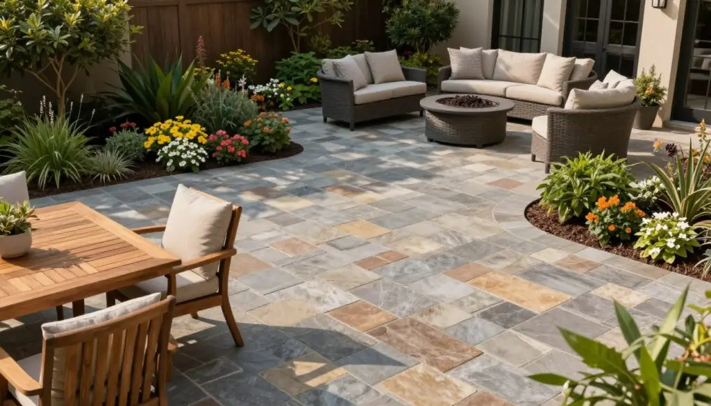 A beautifully arranged paver patio in a well-designed outdoor living space, showcasing a mix of grey, tan, and brown stones meticulously laid in a herringbone pattern. In the foreground, a wooden dining set with elegant cushions creates an inviting ambiance. In the middle ground, lush greenery including flowering plants and small shrubs encircle the patio, adding vibrant colors and textures. In the background, a cozy outdoor firepit surrounded by comfortable seating creates a warm gathering spot. Soft afternoon sunlight casts gentle shadows, enhancing the depth and detail of the patio design. The scene evokes a serene, welcoming atmosphere suitable for relaxing and entertaining. The angle captures a slightly elevated perspective, giving a comprehensive view of the patio layout and surrounding landscape. A beautifully arranged paver patio in a well-designed outdoor living space, showcasing a mix of grey, tan, and brown stones meticulously laid in a herringbone pattern. In the foreground, a wooden dining set with elegant cushions creates an inviting ambiance. In the middle ground, lush greenery including flowering plants and small shrubs encircle the patio, adding vibrant colors and textures. In the background, a cozy outdoor firepit surrounded by comfortable seating creates a warm gathering spot. Soft afternoon sunlight casts gentle shadows, enhancing the depth and detail of the patio design. The scene evokes a serene, welcoming atmosphere suitable for relaxing and entertaining. The angle captures a slightly elevated perspective, giving a comprehensive view of the patio layout and surrounding landscape.