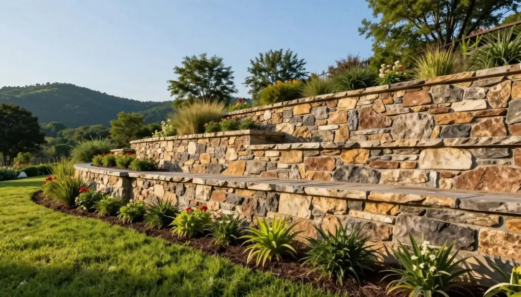 A beautifully constructed retaining wall made of natural stone, showcasing a mix of earthy tones and textures. In the foreground, vibrant green grass and flowering plants contrast with the sturdy wall, creating a harmonious garden scene. The middle ground features a lush landscape typical of Knoxville, with rolling hills and trees swaying gently in the breeze. In the background, a clear blue sky brightens the scene, with soft, warm sunlight illuminating the wall's details. The angle captures the structure from a slightly lower perspective, emphasizing its height and strength while incorporating depth. The overall mood is peaceful and inviting, reflecting the importance of retaining walls in enhancing landscape stability and beauty.