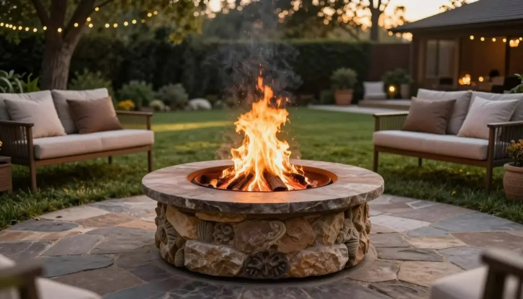 A beautifully crafted fire pit sits prominently in the foreground, made of natural stone with intricate details and a circular shape. The warm glow of flickering flames dances above the fire pit, casting soft shadows on the surrounding area. In the middle ground, lush green grass and strategically placed seating with comfortable cushions create a welcoming atmosphere for gatherings. In the background, a serene backyard scene with tall trees and twinkling fairy lights adds depth and tranquility to the setting. The image captures the golden hour, with a warm, inviting light spilling over the entire scene, evoking a cozy, relaxing mood perfect for outdoor enjoyment. The angle is slightly elevated, giving a comprehensive view of the entire setup without any people present.