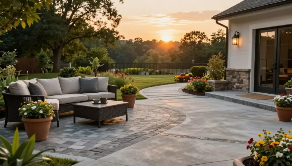 A beautifully crafted outdoor patio in Knoxville, TN, showcasing a blend of stamped concrete and decorative pavers. In the foreground, a well-furnished patio set featuring stylish outdoor furniture with comfortable cushions, complemented by potted plants. The middle ground reveals an elegant pathway made of intricate paver designs leading to the patio, surrounded by lush greenery and vibrant flowers. In the background, a dreamy sunset casts warm golden hues, illuminating the scene with soft, ambient light. The perspective is slightly elevated, capturing the patio's inviting layout, emphasizing the craftsmanship and local expertise of Anchored Construction. The overall mood is serene and inviting, perfect for outdoor living and gatherings.