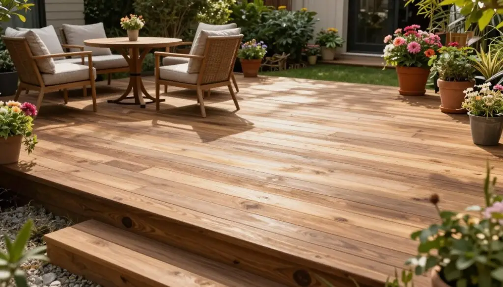 A beautifully crafted wooden deck, showcasing rich grains and textures of natural wood under warm afternoon sunlight. In the foreground, the deck features an inviting seating area with tasteful outdoor furniture, including a cozy table and chairs adorned with neutral cushions. The middle ground highlights the deck's polished surface, reflecting light, while potted plants and flowering decorations add a touch of vibrant color. In the background, soft green foliage encircles the space, creating a serene atmosphere. The angle captures the deck from a slightly elevated perspective, allowing for a clear view of the entire wood decking area. The mood is peaceful and welcoming, perfect for enjoying nature or hosting gatherings. The lighting is soft and natural, enhancing the warmth of the wood.