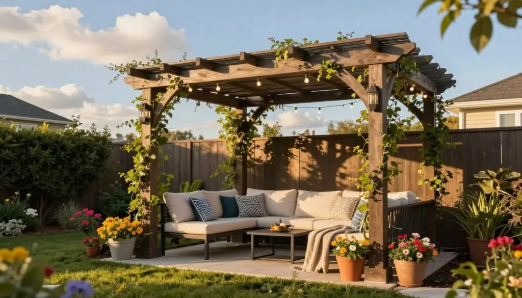 A beautifully designed backyard pergola serves as the focal point in this outdoor living scene. In the foreground, the pergola is adorned with climbing vines and decorative string lights, creating a cozy atmosphere. Underneath, a comfortable seating arrangement with stylish cushions invites relaxation. In the middle ground, a well-maintained garden features colorful flowers and green shrubs, adding vibrancy and life. The background shows a clear blue sky with soft, fluffy clouds, enhancing the serene ambiance. The image is illuminated by warm, golden sunlight, casting gentle shadows and creating a welcoming feel. A cozy throw blanket drapes over a chair, suggesting a perfect spot for unwinding. The overall mood is inviting, peaceful, and ideal for enjoying quality time outdoors. A beautifully designed backyard pergola serves as the focal point in this outdoor living scene. In the foreground, the pergola is adorned with climbing vines and decorative string lights, creating a cozy atmosphere. Underneath, a comfortable seating arrangement with stylish cushions invites relaxation. In the middle ground, a well-maintained garden features colorful flowers and green shrubs, adding vibrancy and life. The background shows a clear blue sky with soft, fluffy clouds, enhancing the serene ambiance. The image is illuminated by warm, golden sunlight, casting gentle shadows and creating a welcoming feel. A cozy throw blanket drapes over a chair, suggesting a perfect spot for unwinding. The overall mood is inviting, peaceful, and ideal for enjoying quality time outdoors.