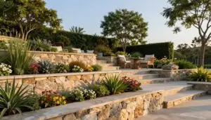 A beautifully designed landscape featuring a series of terraced retaining walls made of natural stone, creatively arranged to enhance the outdoor space. In the foreground, lush green plants and colorful flowers spill over the walls, blending harmoniously with the structure. The middle ground reveals a cozy patio area with stylish outdoor furniture, inviting viewers to imagine relaxation in nature. In the background, tall trees and a clear blue sky create a serene atmosphere. Capture the scene in warm, soft lighting of a late afternoon, with sunlight casting gentle shadows on the textured stone. The composition should evoke a sense of harmony, balance, and elegance, emphasizing the importance of hardscapes in elevating outdoor living spaces.