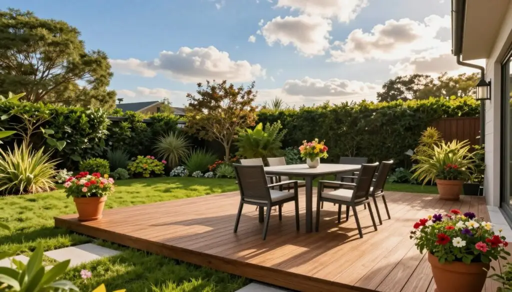 A beautifully designed outdoor deck, surrounded by a lush green yard, showcasing modern wooden planks with a matte finish. In the foreground, a set of elegant outdoor furniture, including a stylish dining table and comfortable chairs, invites relaxation. Potted plants with colorful blooms flank the deck, enhancing the vibrant atmosphere. In the middle ground, a well-maintained garden features diverse foliage, creating a harmonious blend with the deck. The background captures a clear blue sky with soft, fluffy clouds, illuminated by warm, golden sunlight, casting gentle shadows that evoke a tranquil, inviting mood. The perspective is slightly elevated, showcasing the deck’s layout while also emphasizing its integration with the surrounding nature. The composition is lively yet serene, capturing the essence of a perfect outdoor retreat. A beautifully designed outdoor deck, surrounded by a lush green yard, showcasing modern wooden planks with a matte finish. In the foreground, a set of elegant outdoor furniture, including a stylish dining table and comfortable chairs, invites relaxation. Potted plants with colorful blooms flank the deck, enhancing the vibrant atmosphere. In the middle ground, a well-maintained garden features diverse foliage, creating a harmonious blend with the deck. The background captures a clear blue sky with soft, fluffy clouds, illuminated by warm, golden sunlight, casting gentle shadows that evoke a tranquil, inviting mood. The perspective is slightly elevated, showcasing the deck’s layout while also emphasizing its integration with the surrounding nature. The composition is lively yet serene, capturing the essence of a perfect outdoor retreat.