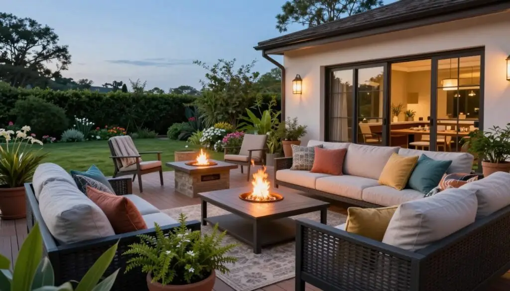 A beautifully designed outdoor deck that feels like an inviting living room. In the foreground, a cozy seating area features plush, weather-resistant couches adorned with colorful cushions. A stylish coffee table sits at the center, surrounded by lush potted plants. In the middle ground, a fire pit offers warm illumination, with soft blankets draped over the chairs. The background showcases a tranquil garden view with greenery and blooming flowers under a clear blue sky. Use soft, natural lighting during golden hour to enhance the relaxed atmosphere. The angle should be slightly elevated, capturing the entire deck space, giving a sense of openness and comfort. The mood is welcoming and serene, perfect for outdoor gatherings. A beautifully designed outdoor deck that feels like an inviting living room. In the foreground, a cozy seating area features plush, weather-resistant couches adorned with colorful cushions. A stylish coffee table sits at the center, surrounded by lush potted plants. In the middle ground, a fire pit offers warm illumination, with soft blankets draped over the chairs. The background showcases a tranquil garden view with greenery and blooming flowers under a clear blue sky. Use soft, natural lighting during golden hour to enhance the relaxed atmosphere. The angle should be slightly elevated, capturing the entire deck space, giving a sense of openness and comfort. The mood is welcoming and serene, perfect for outdoor gatherings.