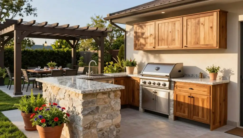 A beautifully designed outdoor kitchen, featuring a large stone barbecue grill and a spacious granite countertop, surrounded by elegant wooden cabinetry. In the foreground, tasteful potted herbs and colorful flowers add a vibrant touch. The middle ground reveals a spacious dining area with a stylish table set for a meal under a decorative pergola adorned with hanging lights. The background showcases a lush green garden and trees under a clear blue sky, creating a serene atmosphere. The scene is lit by warm, golden-hour sunlight, emphasizing the inviting feel of the space. Capture the essence of modern outdoor living and thoughtful design, focusing on clean lines and functional spaces. The angle should provide a comprehensive view of the kitchen layout, exuding a professional ambiance perfect for planning outdoor living spaces.