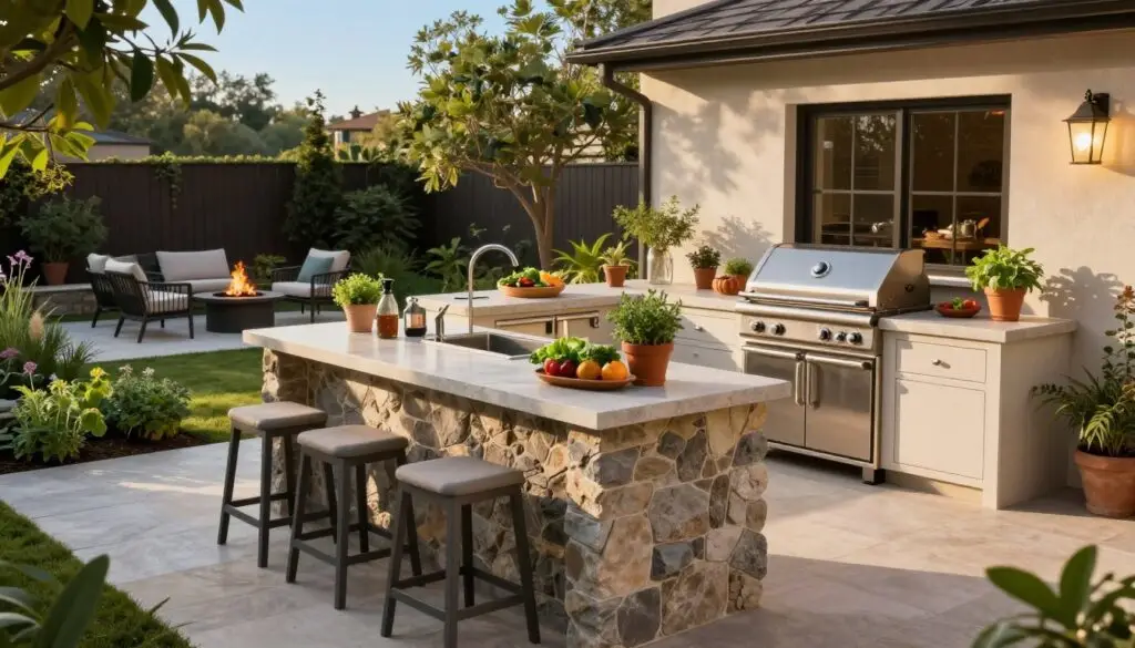A beautifully designed outdoor kitchen in a residential backyard setting. In the foreground, a modern kitchen island made of stone with a built-in grill, surrounded by high stools. The middle ground features a sleek countertop with an array of cooking tools and fresh ingredients, together with potted herbs for a productive atmosphere. Include lush green plants and a small herb garden nearby. The background shows a cozy seating area with elegant outdoor furniture and a fire pit, under a clear blue sky. The lighting is warm and inviting, casting soft shadows, ideal for a late afternoon gathering. Capture the scene from a slightly elevated angle to showcase the layout while maintaining a friendly and welcoming ambiance. A beautifully designed outdoor kitchen in a residential backyard setting. In the foreground, a modern kitchen island made of stone with a built-in grill, surrounded by high stools. The middle ground features a sleek countertop with an array of cooking tools and fresh ingredients, together with potted herbs for a productive atmosphere. Include lush green plants and a small herb garden nearby. The background shows a cozy seating area with elegant outdoor furniture and a fire pit, under a clear blue sky. The lighting is warm and inviting, casting soft shadows, ideal for a late afternoon gathering. Capture the scene from a slightly elevated angle to showcase the layout while maintaining a friendly and welcoming ambiance.
