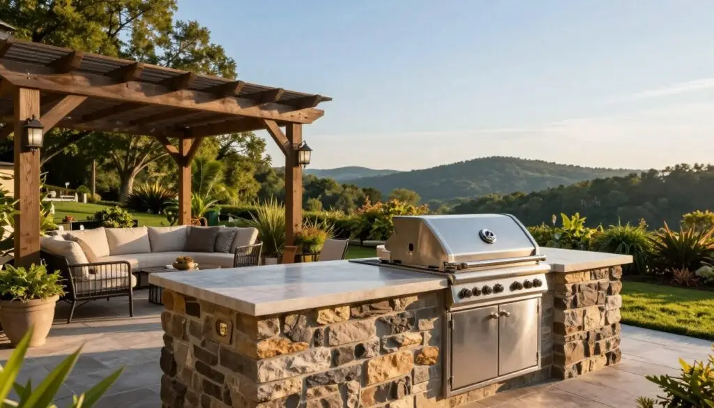 A beautifully designed outdoor kitchen in a spacious backyard setting in Knoxville, TN. The foreground features a large, stone-topped island with sleek stainless steel appliances and a built-in grill, surrounded by comfortable, elegant seating. In the middle, lush greenery frames the kitchen area, while a rustic wooden pergola provides shade and adds to the inviting atmosphere. The background showcases soft hills under a clear blue sky, hinting at the scenic beauty of the area. The lighting is warm and golden, simulating late afternoon sun, creating a relaxed and welcoming mood. The angle is slightly elevated, giving a picturesque view of the kitchen and surrounding landscape, perfect for showcasing expertly crafted outdoor living spaces.