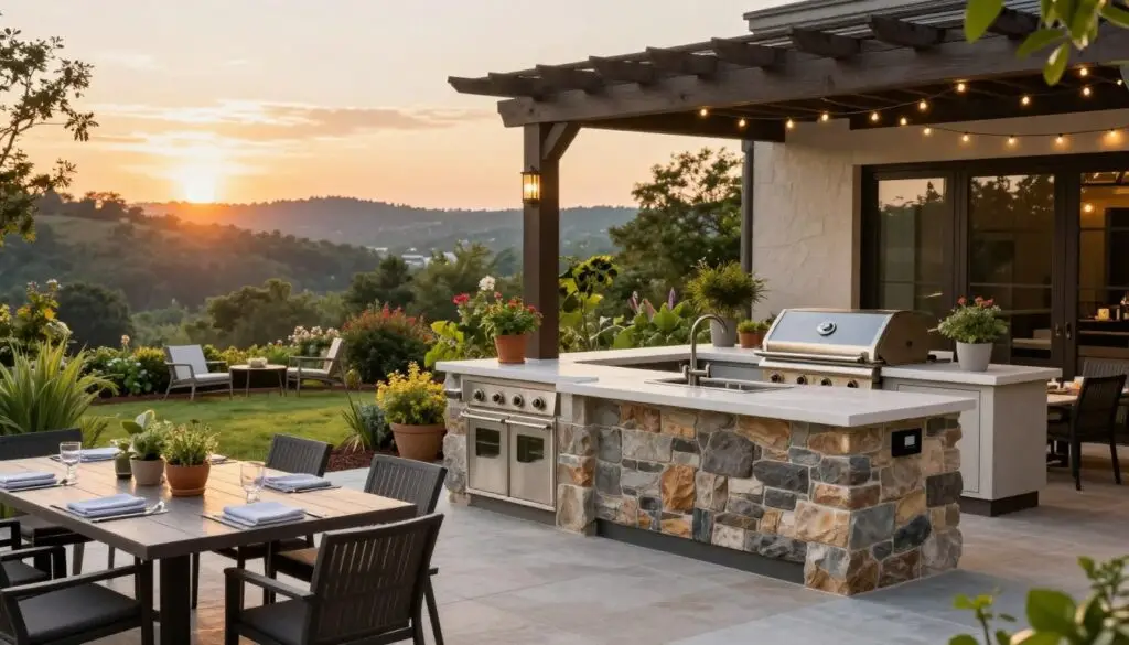 A beautifully designed outdoor kitchen setting in Knoxville, TN, showcasing a modern, spacious kitchen island made of stone, complete with a built-in grill, sink, and ample counter space. The foreground features a stylish dining area with elegant outdoor furniture and potted herbs. In the middle, a vibrant garden adds greenery, while a pergola provides a shaded seating area, complete with twinkling string lights for ambiance. The background reveals a picturesque view of the hills of Knoxville under a warm, golden sunset. Use soft, natural lighting to create a welcoming atmosphere, and capture the scene with a slightly elevated angle to emphasize the layout and design elements. The overall mood should be inviting and sophisticated, ideal for outdoor entertaining.
