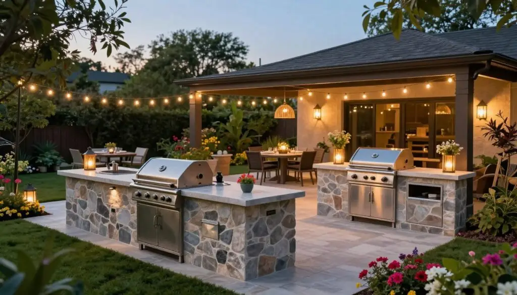 An inviting outdoor kitchen scene showcasing four distinct layout sizes: mini, small, medium, and large. In the foreground, a compact mini kitchen with a sleek, modern grill and minimalist counter space, surrounded by potted herbs. The middle layer features a stylish small kitchen with a wooden bar, outdoor seating, and bright green plants, enhanced by warm ambient lighting during golden hour. In the background, a spacious medium kitchen with an expansive countertop, a traditional stone pizza oven, and a large dining table set under a pergola adorned with fairy lights. The atmosphere is relaxed and cozy, ideal for family gatherings, captured from a slightly elevated angle with soft focus on the details, emphasizing a harmonious blend of nature and function. A beautifully designed outdoor kitchen space nestled in a tranquil backyard setting. In the foreground, a sleek, modern kitchen island made of polished stone showcases a grill and preparation area, surrounded by lush greenery and colorful flowers. The middle ground features cozy dining furniture set elegantly under soft, ambient lighting—hanging fairy lights and warm lanterns casting a gentle glow. In the background, soft-focus trees and a clear blue sky create a serene atmosphere, inviting relaxation and enjoyment. Capture the scene from an elevated angle to highlight the spacious layout, emphasizing the thoughtful planning of this outdoor cooking oasis. Opt for golden hour lighting to enhance the inviting mood of the space, creating an inviting and professional feel. - how much does outdoor kitchen cost