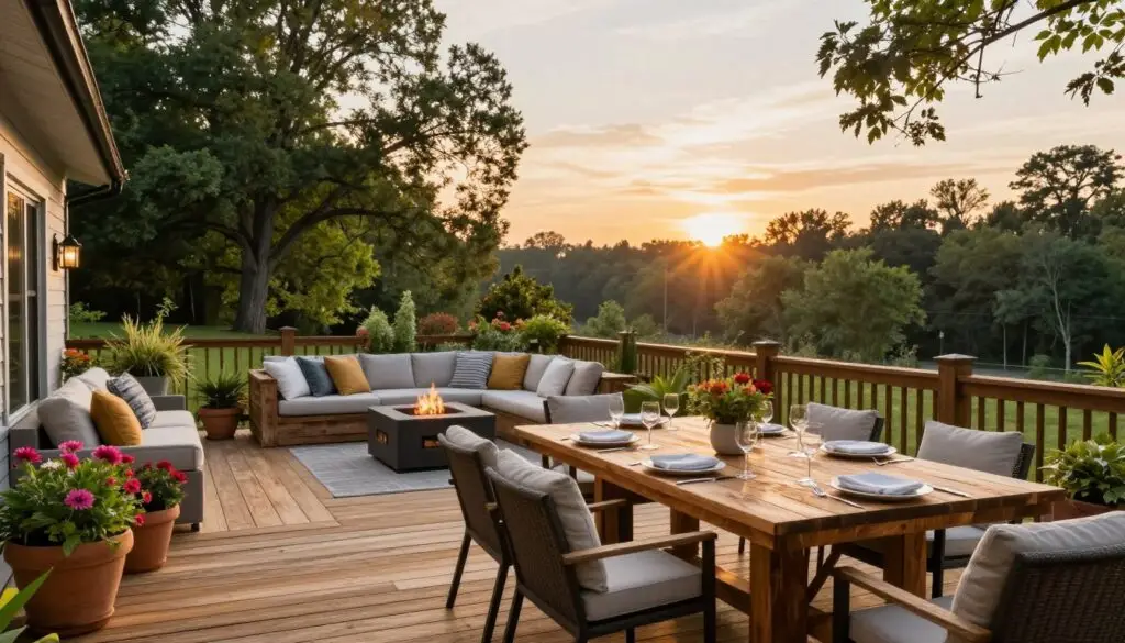 A beautifully designed outdoor living space in Knoxville, showcasing a stylish wooden deck adorned with vibrant potted plants and comfortable seating. In the foreground, a cozy dining area features a rustic wooden table set for an outdoor meal, surrounded by elegantly arranged chairs. The middle ground includes a modern fire pit surrounded by plush cushions, inviting relaxation as the sun sets softly in the background, casting warm golden light. Lush trees and greenery frame the space, enhancing the natural beauty of the setting. The atmosphere is serene and inviting, perfect for social gatherings or quiet evenings. The scene captures the essence of outdoor living, highlighting the joy and comfort that homeowners experience in this space. A beautifully designed outdoor living space in Knoxville, showcasing a stylish wooden deck adorned with vibrant potted plants and comfortable seating. In the foreground, a cozy dining area features a rustic wooden table set for an outdoor meal, surrounded by elegantly arranged chairs. The middle ground includes a modern fire pit surrounded by plush cushions, inviting relaxation as the sun sets softly in the background, casting warm golden light. Lush trees and greenery frame the space, enhancing the natural beauty of the setting. The atmosphere is serene and inviting, perfect for social gatherings or quiet evenings. The scene captures the essence of outdoor living, highlighting the joy and comfort that homeowners experience in this space.