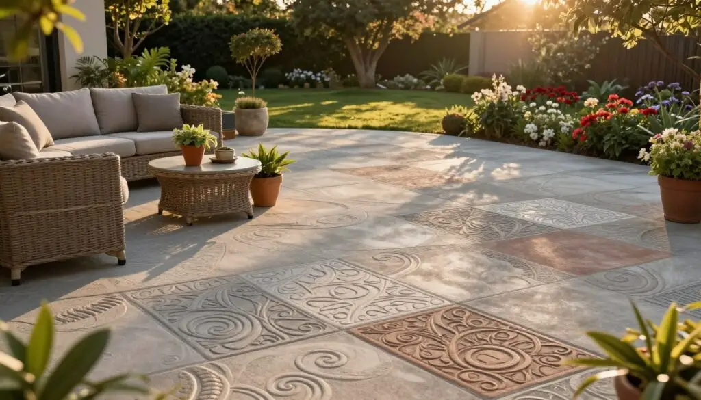 A beautifully designed patio made of stamped concrete, showcasing intricate patterns and textures. In the foreground, a cozy seating area with stylish outdoor furniture, including a wicker sofa and a small table surrounded by potted plants. The middle ground features the stamped concrete patio, highlighting various color variations and designs, demonstrating its unique appeal. In the background, a lush garden with blooming flowers and a few trees gives a natural touch and enhances the outdoor atmosphere. The scene is bathed in warm, golden-hour sunlight, casting soft shadows and creating a relaxing ambiance. The viewpoint is slightly elevated, creating a dynamic angle that captures the full extent of the patio's design, conveying a sense of inviting outdoor space.