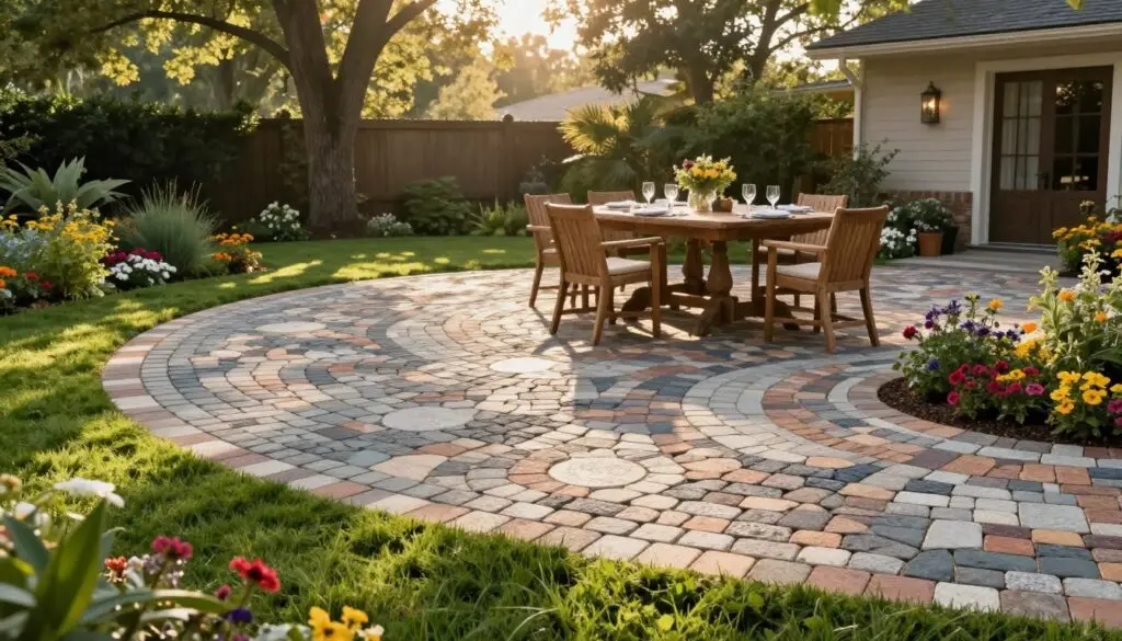 A beautifully designed paver patio in a stylish outdoor setting, showcasing various shapes and colors of pavers arranged in a flowing pattern. In the foreground, lush green grass edges the patio, complemented by vibrant flower beds filled with seasonal blooms, creating a welcoming atmosphere. The middle ground features a rustic outdoor dining table set with elegant tableware, inviting people to gather and relax. In the background, soft morning sunlight filters through tall trees, casting gentle shadows and illuminating the patio's textured surface. The scene embodies a warm, inviting mood, perfect for entertaining or enjoying quiet moments. Captured with a wide-angle lens at eye level to emphasize the intricate details and overall design harmony of the space. A beautifully designed paver patio in a stylish outdoor setting, showcasing various shapes and colors of pavers arranged in a flowing pattern. In the foreground, lush green grass edges the patio, complemented by vibrant flower beds filled with seasonal blooms, creating a welcoming atmosphere. The middle ground features a rustic outdoor dining table set with elegant tableware, inviting people to gather and relax. In the background, soft morning sunlight filters through tall trees, casting gentle shadows and illuminating the patio's textured surface. The scene embodies a warm, inviting mood, perfect for entertaining or enjoying quiet moments. Captured with a wide-angle lens at eye level to emphasize the intricate details and overall design harmony of the space.
