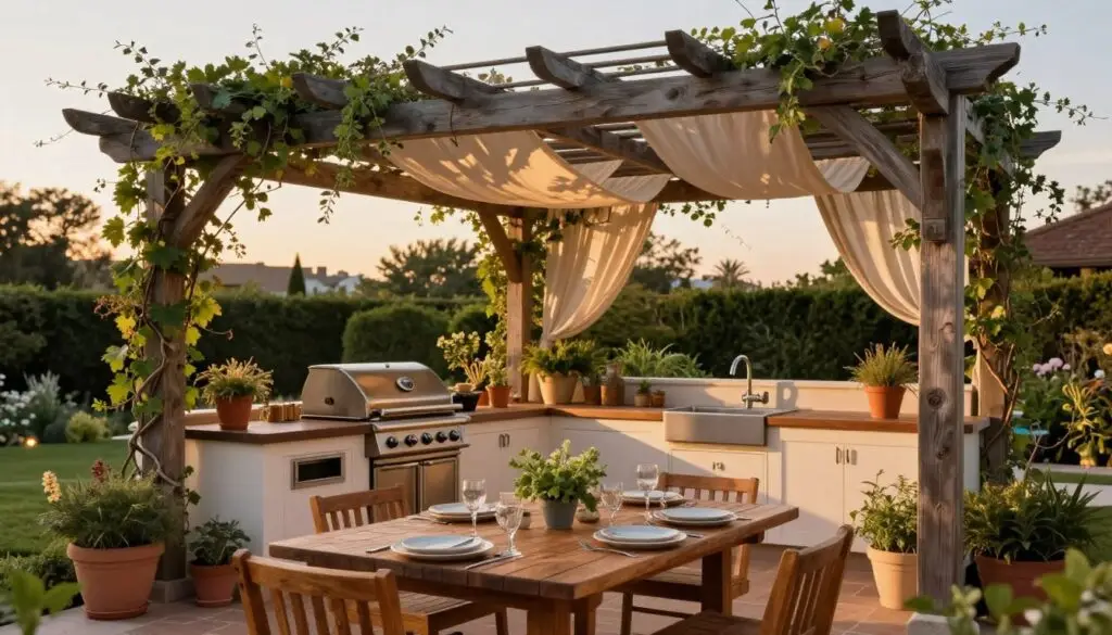 A beautifully designed pergola in an outdoor kitchen setting, featuring elegant, wooden beams adorned with climbing vines and soft, draping fabric. In the foreground, a rustic wooden table is set for a meal, complete with stylish tableware and a centerpiece of fresh herbs. The middle ground showcases a fully equipped outdoor kitchen with a grill, sink, and preparation area, surrounded by vibrant potted plants and herbs. In the background, a well-manicured garden and soft landscape lighting create a warm, inviting atmosphere as dusk falls. The image is captured from a low angle, emphasizing the structure of the pergola while allowing natural golden hour lighting to filter through, casting gentle shadows that enhance the serene ambiance of an outdoor culinary retreat.
