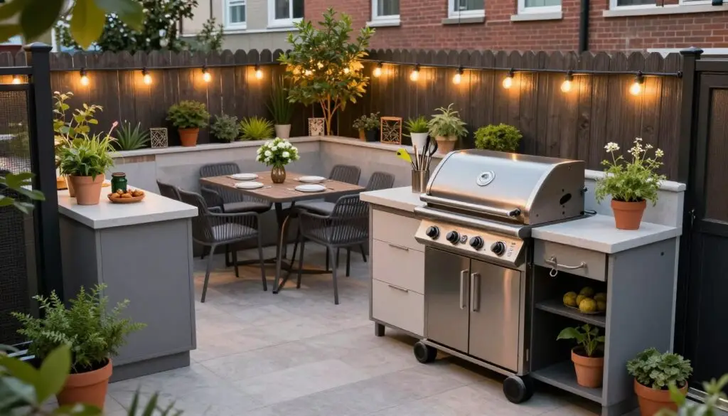 A beautifully designed small-space outdoor kitchen nestled in a compact urban patio. In the foreground, a sleek, modern grill stands next to a minimalist countertop adorned with fresh herbs and utensils. The middle ground showcases a cleverly designed dining area with stylish, space-saving furniture, creating an inviting eating nook. Lush potted plants and subtle decorative elements enhance the vibrant atmosphere. The background features a charming urban fence lined with fairy lights, casting a warm glow in the early evening light. The scene is captured from a slightly elevated angle, enhancing the cozy yet functional layout. The overall mood is cheerful and inviting, ideal for outdoor cooking and entertaining.