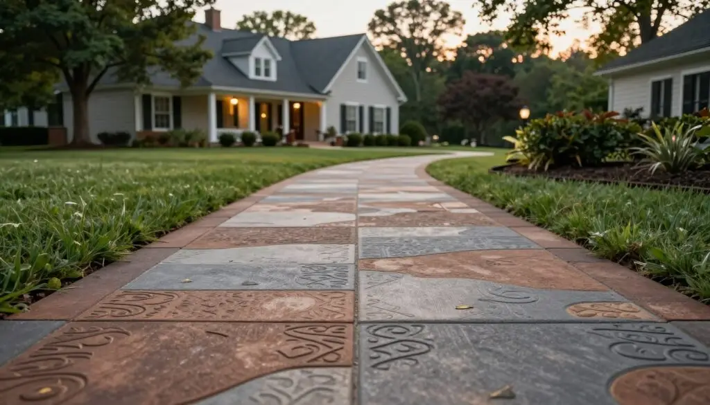 A beautifully designed stamped concrete walkway in Knoxville, TN, showcasing intricate patterns and textures. In the foreground, the walkway features a rich blend of earthy tones, such as browns and grays, with subtle variations hinting at craftsmanship. Elegant grass borders flank the path, adding a touch of greenery. In the middle ground, a quaint home with a charming exterior can be seen, reflecting Southern architectural influences, and a soft, warm light bathes the scene, hinting at early morning or late afternoon. The background includes lush trees and shrubs typical of Tennessee, providing a serene and inviting atmosphere. The overall mood is peaceful and welcoming, emphasizing quality and craftsmanship in outdoor design. The angle should capture the walkway from a low perspective, inviting the viewer to step into the scene.