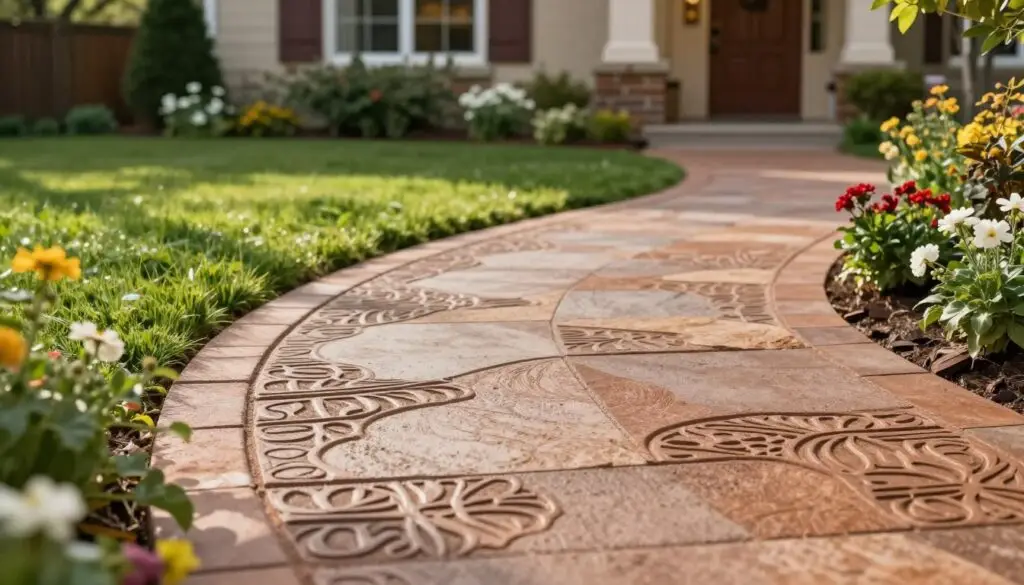 A beautifully designed stamped concrete walkway in a residential setting, showcasing intricate patterns and a variety of rich earth tones. The foreground features the textured concrete with clear imprints resembling natural stone, framed by blooming flowers and lush greenery. In the middle ground, a well-maintained lawn complements the walkway, inviting viewers to visualize a serene outdoor area. The background includes a charming house with warm, inviting colors. Soft, natural lighting casts gentle shadows, enhancing the details of the walkway, while the angle captures the pathway leading towards the entrance of the home. The overall mood is welcoming and harmonious, perfect for illustrating a sophisticated outdoor design.