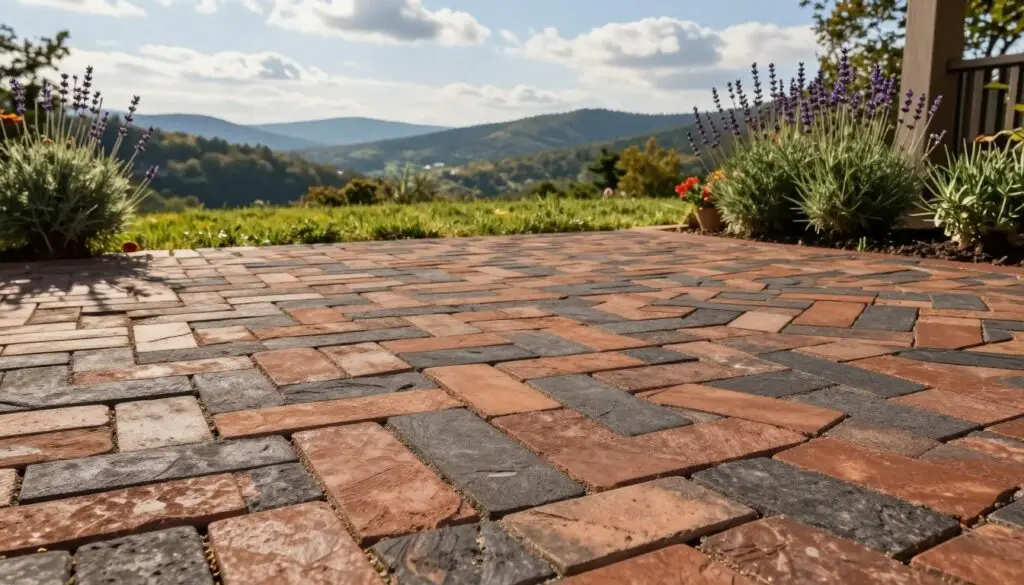 A beautifully detailed herringbone pattern formed by pavers, showcasing rich earthy tones of burnt sienna and deep charcoal. In the foreground, the tightly woven design of the pavers creates a sense of texture and depth, with subtle shadows highlighting the edges of each stone. The middle ground features lush green grass, gently framing the patio, while ornamental plants, such as lavender and rosemary, add a pop of color and greenery. The background includes a serene view of a sunny East Tennessee landscape, with distant rolling hills under a bright blue sky dotted with fluffy white clouds. Soft, golden light casts a warm glow over the scene, evoking a timeless and inviting atmosphere perfect for outdoor gatherings. The image is captured from a slightly elevated angle to showcase the pattern's intricate beauty, without any text or additional elements interrupting the visual harmony.