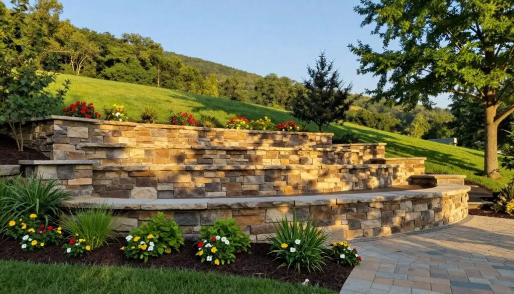 A beautifully landscaped backyard in Knoxville, TN, featuring an elegant stone retaining wall that curves gracefully across the mid-ground, demonstrating both functionality and aesthetic appeal. In the foreground, vibrant greenery, colorful flowers, and neatly arranged pavers complement the wall’s earthy tones. The middle ground focuses on the retaining wall, showcasing intricate stonework with varying textures and shades, emphasized by soft, dappled sunlight filtering through the trees. In the background, a gentle slope of lush hills adds depth to the scene, with a clear blue sky above casting a warm glow. The overall mood is serene and inviting, highlighting the importance of retaining walls in enhancing landscapes while providing structure and support. The image should be taken from a slightly elevated angle to capture the full beauty of the wall and its surroundings.