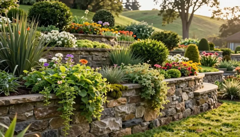 A beautifully landscaped garden featuring a visually striking retaining wall that adds dimension and character to the scene. In the foreground, showcase the textured stone blocks of the retaining wall, adorned with vibrant green moss and flowering plants cascading down its edges. In the middle, lush greenery and ornamental shrubs are neatly arranged, creating a seamless transition from the wall to the garden's vibrant, colorful flowers. The background should reveal a serene hillside, creating depth, with soft sunlight filtering through trees, casting gentle shadows that evoke a tranquil atmosphere. Capture this scene from a slightly elevated angle to highlight the contours of the retaining wall and the flowing landscape, with warm, inviting lighting enhancing the natural beauty of the space.
