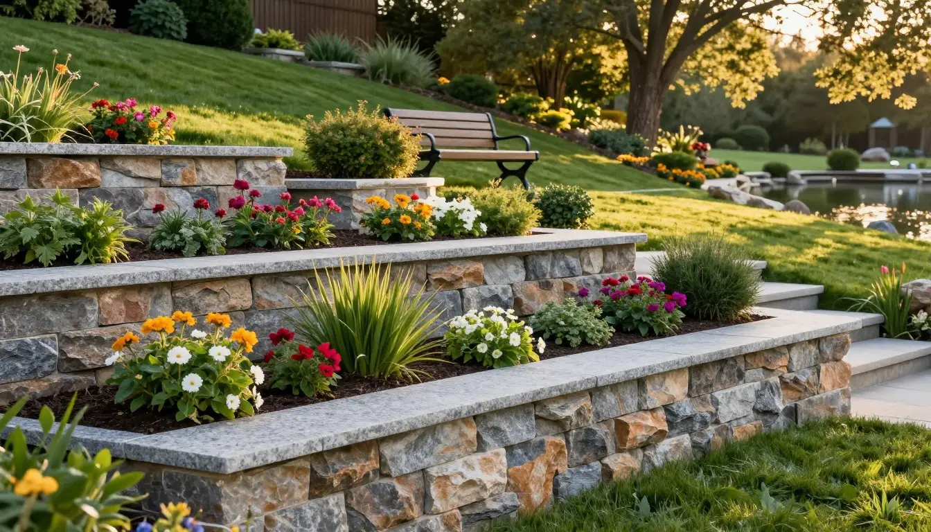 A beautifully landscaped outdoor scene showcasing innovative retaining wall ideas. In the foreground, a series of tiered stone retaining walls made from natural granite, creating distinct planting areas filled with vibrant flowers and lush greenery. In the middle ground, a well-maintained lawn with decorative shrubs and a wooden bench positioned near the wall for relaxation. The background features a gentle slope with a garden pathway leading up to a serene pond, surrounded by trees that cast dappled sunlight. The scene is illuminated by warm, golden hour lighting, enhancing the textures of the stone and the colors of the plants. Capture the mood of tranquility and sophistication in a wide-angle perspective, emphasizing the harmony between the retaining walls and the surrounding landscape. Geo Retaining wall contractor