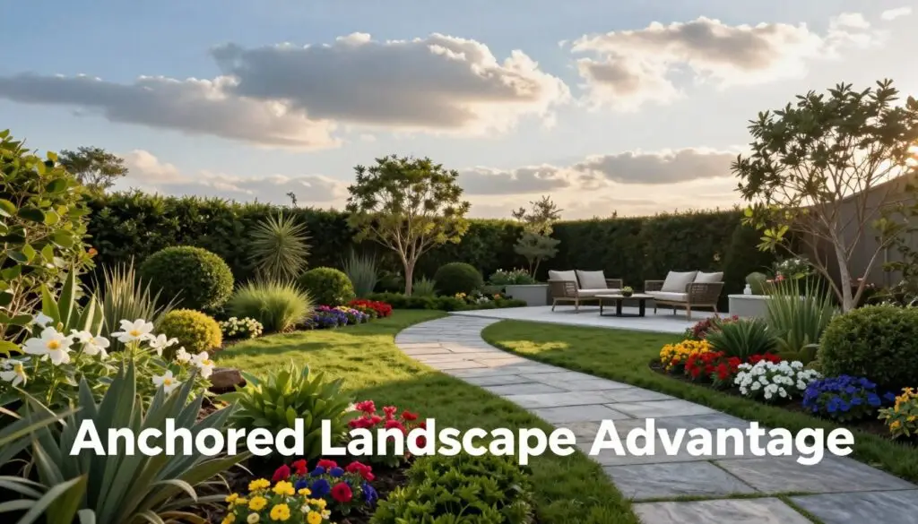 A beautifully landscaped outdoor scene showcasing the "Anchored Landscape Advantage." In the foreground, feature a well-maintained garden with vibrant flowers and neatly trimmed shrubs, conveying a sense of professionalism and care. The middle ground includes a gently winding pathway made of natural stone, leading to a stylish modern patio with elegant outdoor furniture. In the background, illustrate a serene blue sky with soft, fluffy clouds casting gentle shadows over the landscape. The soft, warm sunlight creates an inviting and uplifting atmosphere. Capture the image from a slightly elevated angle to highlight the layered beauty of the landscape. The overall mood should be one of tranquility and sophistication, emphasizing the benefits of expert landscaping services. No human subjects or text elements in the image.