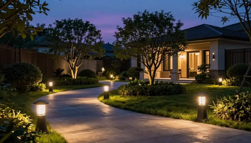 A beautifully landscaped outdoor space at dusk, showcasing various types of landscape lighting fixtures. In the foreground, a variety of elegant path lights illuminate a winding stone path, casting soft, warm glows. In the middle ground, subtle uplights highlight the textures of lush shrubs and trees, creating depth and shadow. A striking pendant light hangs from an arbor, adding a focal point. In the background, soft sconces light up the façade of a cozy, modern home. The scene features a tranquil ambiance with a twilight sky, rich in deep blues and purples, enhancing the inviting atmosphere. Capture this serene moment with a wide-angle shot to encompass the entire picturesque setting, emphasizing the interplay of light and nature. A beautifully landscaped outdoor space at dusk, showcasing various types of landscape lighting fixtures. In the foreground, a variety of elegant path lights illuminate a winding stone path, casting soft, warm glows. In the middle ground, subtle uplights highlight the textures of lush shrubs and trees, creating depth and shadow. A striking pendant light hangs from an arbor, adding a focal point. In the background, soft sconces light up the façade of a cozy, modern home. The scene features a tranquil ambiance with a twilight sky, rich in deep blues and purples, enhancing the inviting atmosphere. Capture this serene moment with a wide-angle shot to encompass the entire picturesque setting, emphasizing the interplay of light and nature.