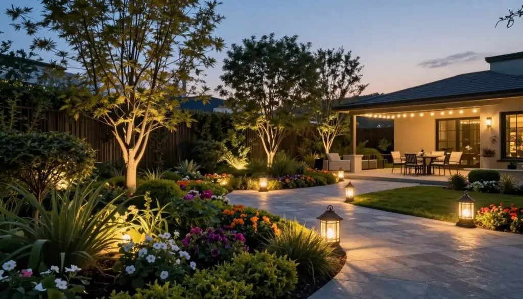 A beautifully landscaped outdoor space at twilight, showcasing subtle landscape lighting. In the foreground, a well-maintained garden with vibrant flowers and neatly trimmed shrubs illuminated by soft, warm lights embedded in the ground. The middle ground features a stone walkway lined with charming lanterns casting a gentle glow, creating a welcoming ambiance. In the background, tall trees softly lit from below highlight their silhouette against the fading sky, while a cozy seating area with elegant outdoor furniture is gently illuminated with string lights overhead. The atmosphere feels serene and inviting, perfect for evening gatherings. Use a wide-angle lens to capture the depth of the landscape and a soft focus to emphasize the warm glow of the lighting. A beautifully landscaped outdoor space at twilight, showcasing subtle landscape lighting. In the foreground, a well-maintained garden with vibrant flowers and neatly trimmed shrubs illuminated by soft, warm lights embedded in the ground. The middle ground features a stone walkway lined with charming lanterns casting a gentle glow, creating a welcoming ambiance. In the background, tall trees softly lit from below highlight their silhouette against the fading sky, while a cozy seating area with elegant outdoor furniture is gently illuminated with string lights overhead. The atmosphere feels serene and inviting, perfect for evening gatherings. Use a wide-angle lens to capture the depth of the landscape and a soft focus to emphasize the warm glow of the lighting.