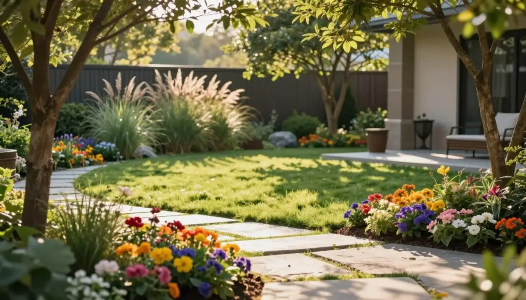 A beautifully landscaped yard showcasing a harmonious balance of sun and shade, set in a tranquil environment. In the foreground, vibrant flower beds bursting with colorful blooms, complemented by neatly arranged stepping stones leading to a shaded patio area. The middle ground features a well-maintained lawn adorned with lush greenery, framed by strategically placed trees casting dappled shadows. In the background, a soft blur captures a serene fence lined with ornamental grasses swaying gently in the breeze. The scene is bathed in soft, golden sunlight, enhancing the colors of the flowers and creating a warm, inviting atmosphere. Capture the image from a slightly elevated angle to emphasize the layering of light and shade, evoking a sense of calm and thoughtful planning in landscape design.
