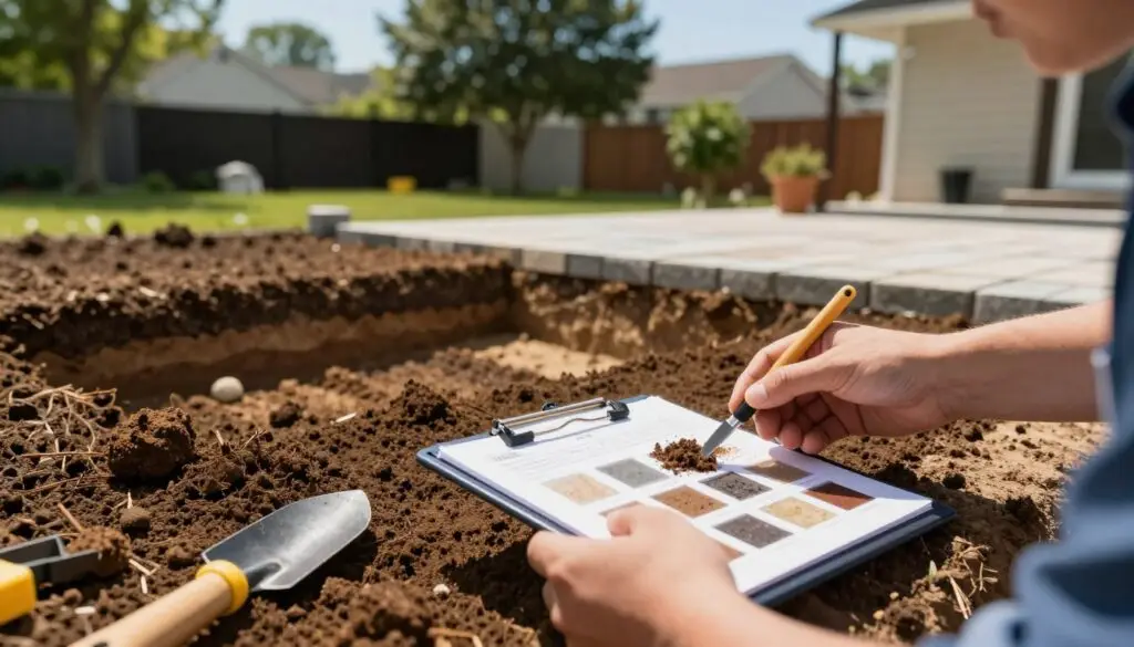 A close-up image of a soil assessment scene, showcasing a professional soil engineer examining soil samples in the foreground with a soil test kit, including tools like a trowel and measuring devices. The middle ground features various soil layers exposed from a small excavation site, demonstrating different textures and colors of soil. In the background, the setting is a residential backyard with a partially constructed paver patio, surrounded by trees and grass under a bright, clear sky. The lighting is natural and vibrant, capturing the midday sun, with a shallow depth of field that highlights the soil assessment while gently blurring the background. The mood is focused and professional, conveying the importance of proper soil evaluation before construction.