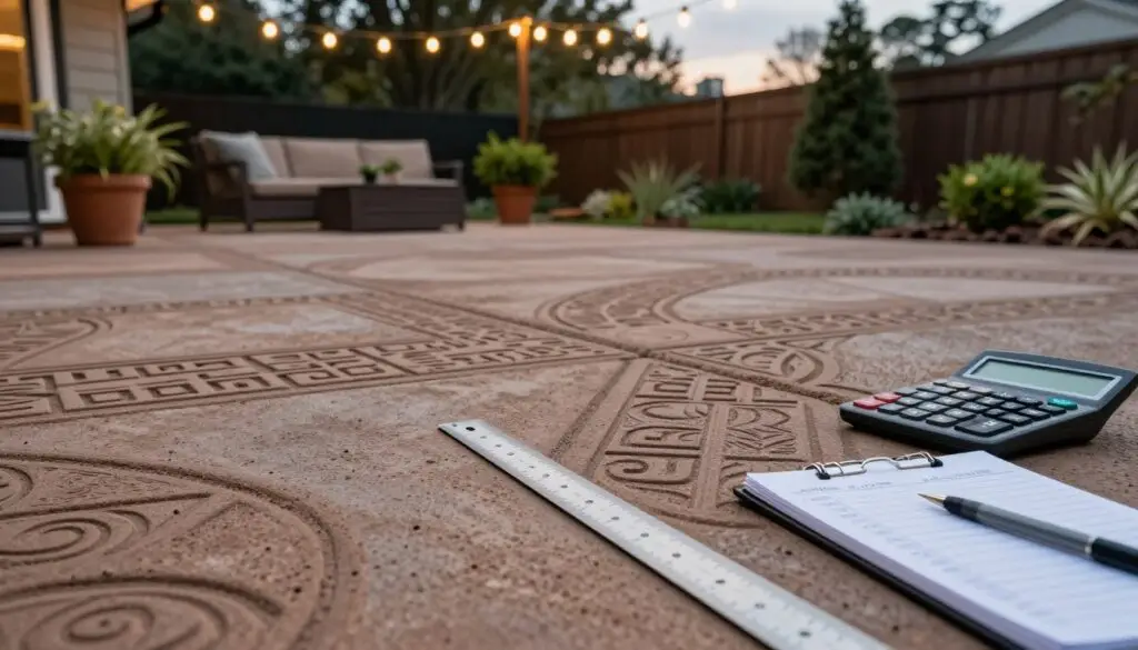 A close-up perspective of a beautifully finished stamped concrete patio in a Knoxville backyard, showcasing intricate patterns in earthy tones with subtle variations of texture. In the foreground, a ruler measuring the concrete, emphasizing the per square foot aspect, alongside a calculator and a notepad with numerical notes. The middle ground features a cozy outdoor seating arrangement with potted plants, soft ambient lighting from string lights overhead, and a serene twilight sky. In the background, a neatly landscaped garden with trees and shrubs creates an inviting atmosphere. The overall mood is professional and informative, ideal for homeowners assessing costs, captured with a slightly elevated angle to highlight the details of the concrete surface.