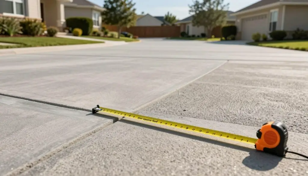 A close-up perspective of a clean, well-finished concrete driveway, displaying intricate textures and patterns that represent various design levels, including a smooth polished finish and a more rustic, exposed aggregate look. In the foreground, showcase a measuring tape extended across the driveway, emphasizing the dimension of "per square foot." The middle ground should feature a soft gradient of sunlight casting gentle shadows, highlighting the surface details. In the background, a serene suburban setting with a neat, landscaped garden complements the drive, under a clear blue sky. The atmosphere is professional and informative, aimed at conveying precision and quality. Use natural lighting to create a warm and inviting feel, captured with a slight depth of field to keep the focus on the driveway.