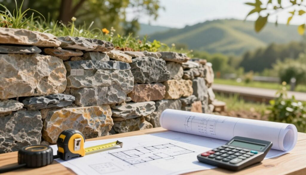 A close-up shot of a beautifully constructed retaining wall made of natural stone, showcasing intricate textures and layered colors that highlight its strength and durability. In the foreground, small tape measures and a calculator rest on a wooden table, symbolizing the cost analysis process. The middle ground features an architectural blueprint of a retaining wall, partially rolled out, with detailed notations regarding materials and costs. In the background, a sunny landscape with lush greenery and an elevated hill creates a serene yet professional atmosphere. Soft sunlight filters through the leaves, casting gentle shadows, and the composition evokes a feeling of reliability and professionalism in construction. The scene is shot with a shallow depth of field using a 50mm lens, emphasizing the wall details while softly blurring the background elements.