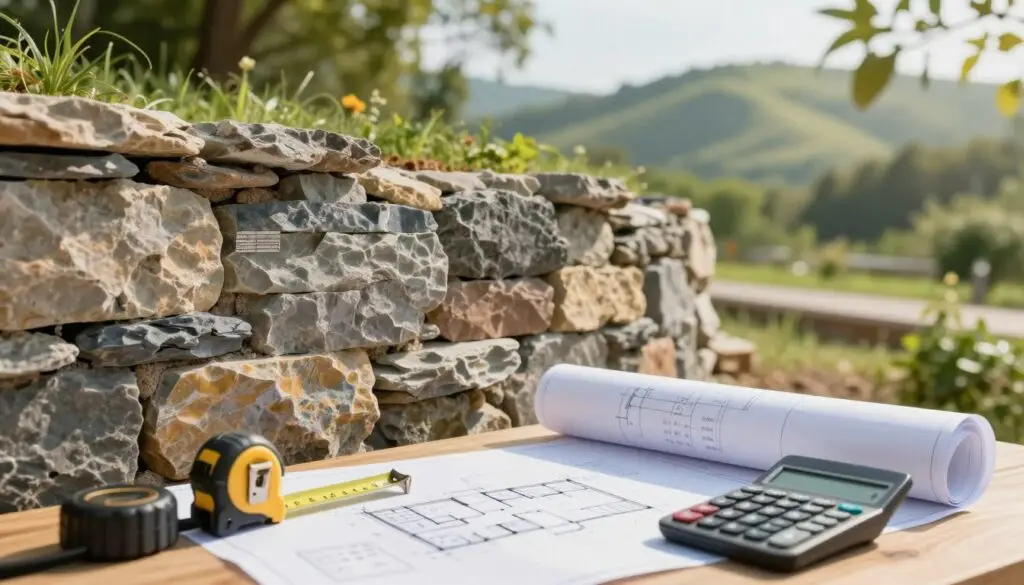 A close-up shot of a beautifully constructed retaining wall made of natural stone, showcasing intricate textures and layered colors that highlight its strength and durability. In the foreground, small tape measures and a calculator rest on a wooden table, symbolizing the cost analysis process. The middle ground features an architectural blueprint of a retaining wall, partially rolled out, with detailed notations regarding materials and costs. In the background, a sunny landscape with lush greenery and an elevated hill creates a serene yet professional atmosphere. Soft sunlight filters through the leaves, casting gentle shadows, and the composition evokes a feeling of reliability and professionalism in construction. The scene is shot with a shallow depth of field using a 50mm lens, emphasizing the wall details while softly blurring the background elements.