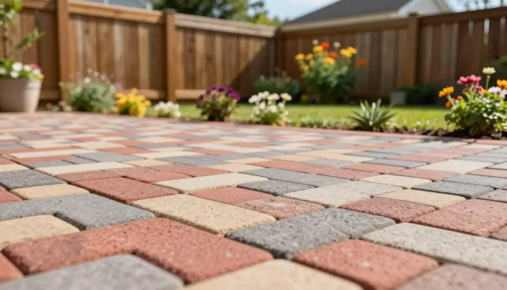 A close-up view of a beautifully arranged paver patio in a residential backyard. The foreground features colorful, textured pavers in shades of red, gray, and beige, arranged in an intricate pattern. In the middle ground, small decorative plants and flowers peek between the pavers, adding a touch of greenery. The background showcases a charming wooden fence and a vibrant garden with blooming flowers under bright, natural sunlight. The scene is captured with a shallow depth of field, giving a soft blur to the background while keeping the pavers sharply focused. The overall atmosphere is inviting and tranquil, evoking a sense of warmth and comfort ideal for outdoor gatherings. The lighting is bright and even, highlighting the details of the pavers while casting gentle shadows.