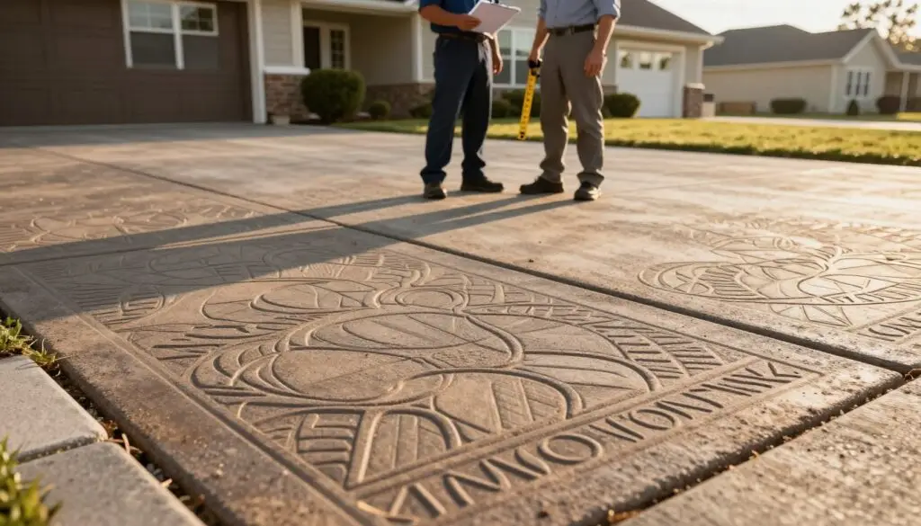 A close-up view of a beautifully stamped concrete driveway showcasing intricate patterns and textures. The foreground features a detailed section of the driveway with rich, earthy tones, highlighting the craftsmanship involved. In the middle, a professional contractor in smart business attire inspects the driveway, holding a clipboard and measuring tools, embodying a sense of expertise. The background introduces a suburban home, bathed in warm afternoon sunlight that enhances the driveway's features. Soft, inviting shadows play across the scene, creating a serene atmosphere that reflects quality and value. The angle should be slightly elevated to offer a clear view of both the driveway and the contractor at work, emphasizing the idea of cost per square foot in a professional context. - is stamped concrete cheaper than pavers