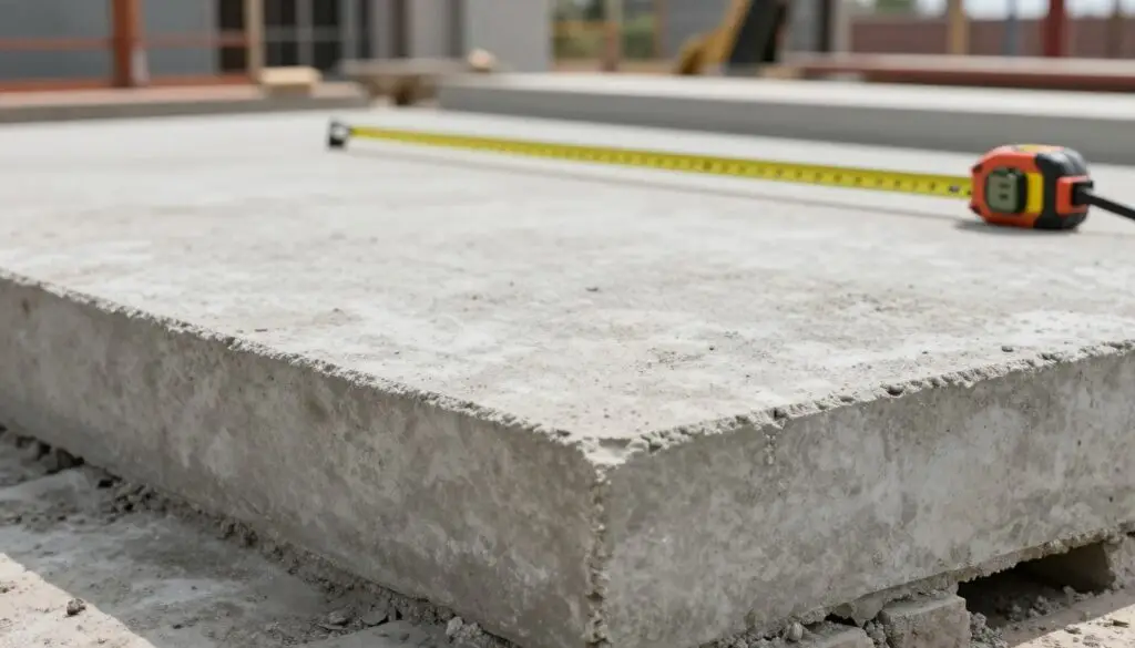A close-up view of a concrete slab, showcasing its texture and surface details. The foreground features a perfectly poured slab with subtle imperfections, illustrating the craftsmanship involved. In the middle ground, depth perception highlights various thickness standards represented by measuring tape and construction tools, emphasizing their importance for different project types. The background is softly blurred, suggesting a construction site with machinery and materials, creating an industrial atmosphere. Natural light casts gentle shadows, enhancing the slab's texture while giving a neutral, professional feel to the scene. A shallow depth of field focuses on the slab, drawing attention to its quality and relevance in construction.