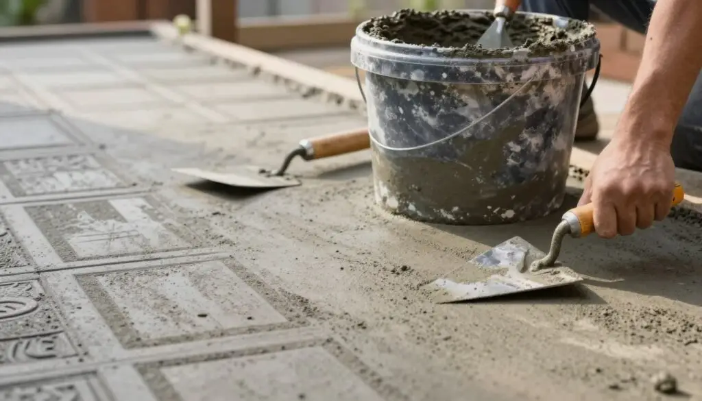 A close-up view of a freshly mixed stamped concrete blend, showcasing the rich textures and variations in color, including gray, beige, and earthy tones. In the foreground, display a trowel and measuring tools, emphasizing precision and professionalism. In the middle ground, present a large mixing bucket filled with the concrete mix, glistening slightly under soft, natural sunlight. The background features an outdoor setting with a partially completed stamped concrete walkway, highlighting the beautiful patterns that will be imprinted onto the surface. Warm, inviting lighting creates a sense of craftsmanship and expertise, evoking a mood of diligence and high-quality workmanship in outdoor construction.