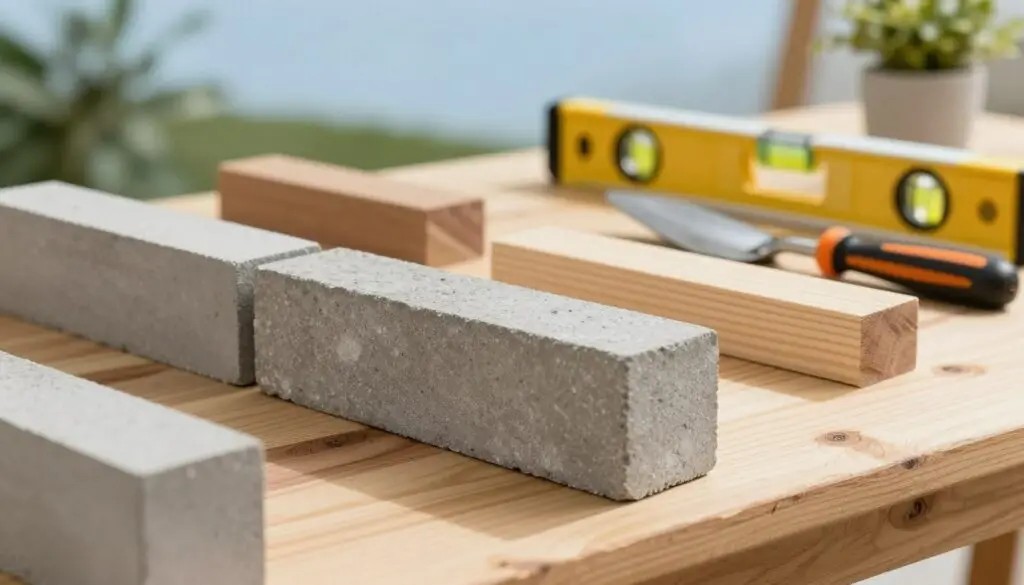 A close-up view of a variety of building blocks suitable for constructing a retaining wall, arranged thoughtfully on a wooden workbench. The foreground captures detailed textures of different block materials including concrete, stone, and timber, showcasing their natural colors and surfaces. In the middle ground, a set of essential tools lies nearby—such as a level, measuring tape, and a trowel—spreading a sense of an organized workspace. The background features a blurred outdoor setting with green plants and a clear blue sky, enhancing a fresh, productive atmosphere. Soft, natural lighting casts gentle shadows, creating depth and emphasizing the craftsmanship required for this construction task. The overall mood conveys readiness and professionalism, ideal for a home improvement project. - how to lay retaining wall blocks