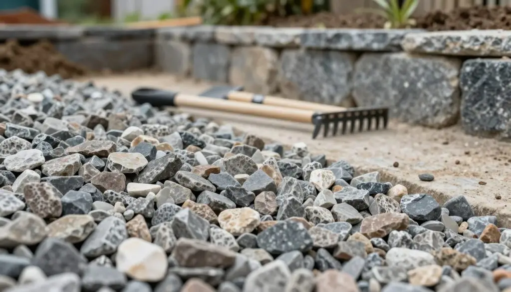 A close-up view of a well-constructed gravel base for a stone retaining wall, showcasing different sizes of gravel stones carefully layered for stability. In the foreground, the gravel displays various textures and colors, emphasizing the foundational material's importance. The middle ground features tools like a shovel and a rake, neatly arranged beside the gravel, hinting at an organized worksite. In the background, a partially built stone retaining wall rises, with earth and vegetation visible, illustrating the connection between the gravel base and the wall structure. Soft, natural lighting illuminates the scene, creating a professional and inviting atmosphere. The overall mood is one of craftsmanship and precision, perfect for illustrating construction techniques.