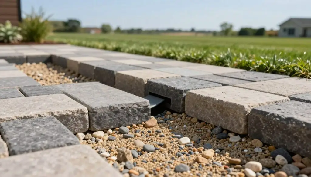 A close-up view of a well-designed paver patio base, showcasing a variety of paver stones set in a precise, interlocking pattern. In the foreground, focus on a section where the base layer of gravel is visible, demonstrating proper drainage with small pebbles and sand supporting the pavers. The middle ground features a slight slope directing water away from the patio, with small drainage pipes strategically placed. The background captures a lush green lawn and a clear blue sky, creating a sense of tranquility. Soft, natural lighting highlights the textures of the materials, bringing warmth to the scene. The angle emphasizes the depth of the patio base, perfect for illustrating the importance of drainage in patio construction. The atmosphere is professional and serene, suitable for conveying expertise in landscaping.