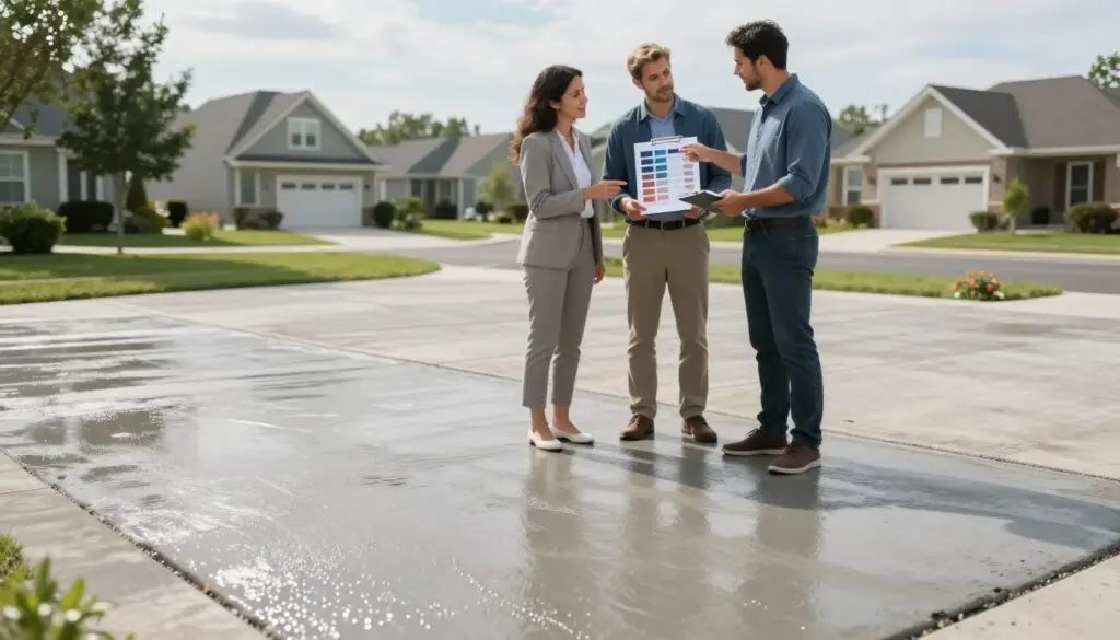 A concrete driveway showcasing different sections, highlighting various textures and finishes, with a focus on cost estimation. In the foreground, a close-up of a smooth, freshly poured concrete surface with subtle trowel marks and shimmering water droplets reflecting sunlight. In the middle ground, depict two homeowners, a man and a woman in professional business attire, discussing driveway options with a contractor, who is pointing at a color chart and estimating costs on a clipboard. The background features a residential neighborhood with a few houses and green lawns, under a blue sky with soft, natural lighting. The overall atmosphere is informative and inviting, conveying a sense of clarity and professionalism.