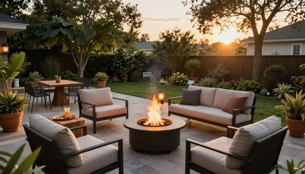 A cozy backyard scene during the golden hour, featuring a central fire pit surrounded by modern outdoor seating. In the foreground, comfortable chairs with soft cushions invite relaxation, while a rustic wooden table holds drinks and snacks. In the middle ground, a smoothly paved patio adds charm, with potted plants and solar lanterns casting a warm glow. The background showcases lush greenery and tall trees that frame the space, while a gentle sunset casts long shadows and soft light across the scene. The atmosphere exudes warmth and inviting camaraderie, perfect for gatherings. The camera angle is slightly elevated, capturing the entire setup in a wide shot to evoke a sense of togetherness and comfort.