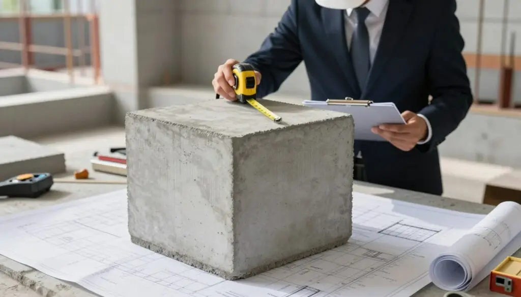 A detailed and realistic image showcasing the concept of calculating concrete slab volume. In the foreground, an architecturally designed cubic volume model made of concrete, intricately detailed with texture and surface imperfections, sits on a blueprint layout with measurements and calculations visible. The middle ground features a professional engineer or architect, wearing a hard hat and business attire, intently examining the cubic model, with a calculating tape measure and a clipboard in hand. The background consists of a partially constructed concrete structure, emphasizing construction elements and tools, under natural daylight pouring in from an open site. Soft shadows highlight the shapes, creating a focused, professional atmosphere conducive to construction analysis. The overall mood is one of precision and expertise in construction and volume calculations.
