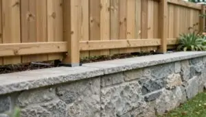 A detailed and technical illustration of a connection between a retaining wall and a fence. In the foreground, showcase the textured surface of a robust retaining wall made of stone or concrete, highlighting the construction joints and anchoring elements. In the middle ground, depict a sturdy wooden or vinyl fence with clear attachment points to the wall, showing the connection mechanisms such as brackets and bolts. Include engineering details like drainage systems or weep holes integrated into the wall structure. The background should feature a serene garden or backyard scene, offering a natural contrast. Soft, natural lighting enhances the textures, while a slightly angled perspective captures the depth and complexity of the construction elements. The mood is professional and informative, aimed at illustrating the technical aspects clearly. Geo Retaining wall contractor