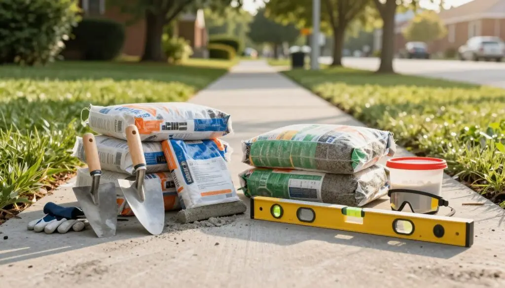 A detailed arrangement of essential tools and materials for sidewalk installation, featuring a variety of concrete tools like a trowel, float, and level prominently in the foreground. In the middle, include bags of concrete mix and gravel, stacked neatly, with a measuring container and safety gear such as gloves and goggles nearby. The background should display an outdoor setting with a partially completed sidewalk, framed by lush green grass and trees typical of Knoxville, TN. The scene should be well-lit, capturing the warm glow of late afternoon sunlight, casting soft shadows to create depth. The mood is professional and focused, emphasizing construction and craftsmanship in a clear and organized manner. A detailed arrangement of essential tools and materials for sidewalk installation, featuring a variety of concrete tools like a trowel, float, and level prominently in the foreground. In the middle, include bags of concrete mix and gravel, stacked neatly, with a measuring container and safety gear such as gloves and goggles nearby. The background should display an outdoor setting with a partially completed sidewalk, framed by lush green grass and trees typical of Knoxville, TN. The scene should be well-lit, capturing the warm glow of late afternoon sunlight, casting soft shadows to create depth. The mood is professional and focused, emphasizing construction and craftsmanship in a clear and organized manner.