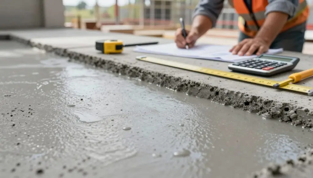 A detailed close-up of a concrete surface showcasing various textures and colors, emphasizing the cost aspect of concrete per square foot. In the foreground, a smooth area of freshly poured grey concrete with subtle water droplets glistening under soft daylight. The middle ground features measuring tools, such as a ruler and calculator, laid out on the concrete, symbolizing the cost analysis. In the background, a blurred construction site visible with workers in professional attire discussing plans, conveying a practical and industrious atmosphere. The natural lighting creates a warm yet professional ambiance, highlighting the intricate details of the concrete while maintaining a focused, informative tone throughout the scene.
